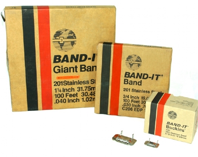 Click to enlarge - This easy to use banding system can be used for many different applications. Band-it is often to be seen as a reliable method of hose attachment or used to firmly fix signs etc. to posts. Band-it comes in many different widths and grades. Methods of attachment can be made by a 'knockdown' system or by means of allen keys.

Band-it is also available in the 'giant' version. This style offers very high torque values for the most demanding clamping requirements.